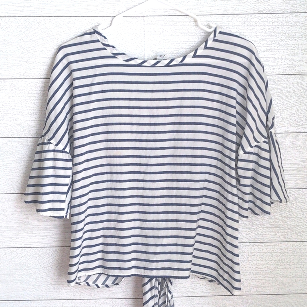 Express Striped Bell Sleeve Tie-back Blouse